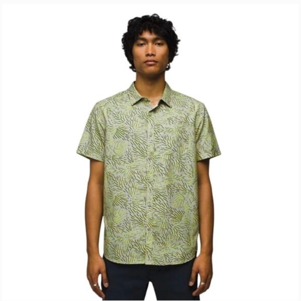 Prana Lost Sol hiking shirt. XXL. Grn/yel abstract plant print. Vented back. NWT